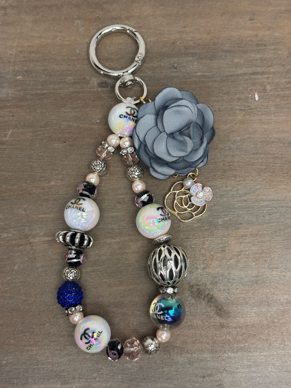 Bag Charm with logo beads, decorative flower, Camelia flowered beads 6 in